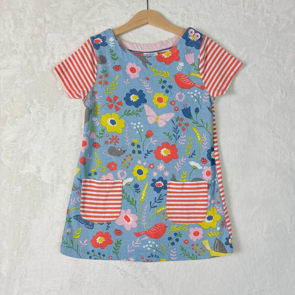 Mini Boden Floral Bird Dress Kids 6-7Y Blue Red Excellent Mixed Print Jersey